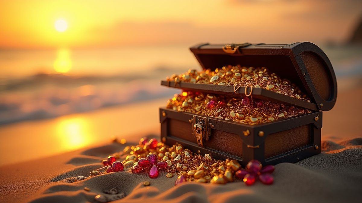 Eine Schatztruhe, die überquillt mit Gold und Juwelen an einem Sandstrand bei Sonnenuntergang.