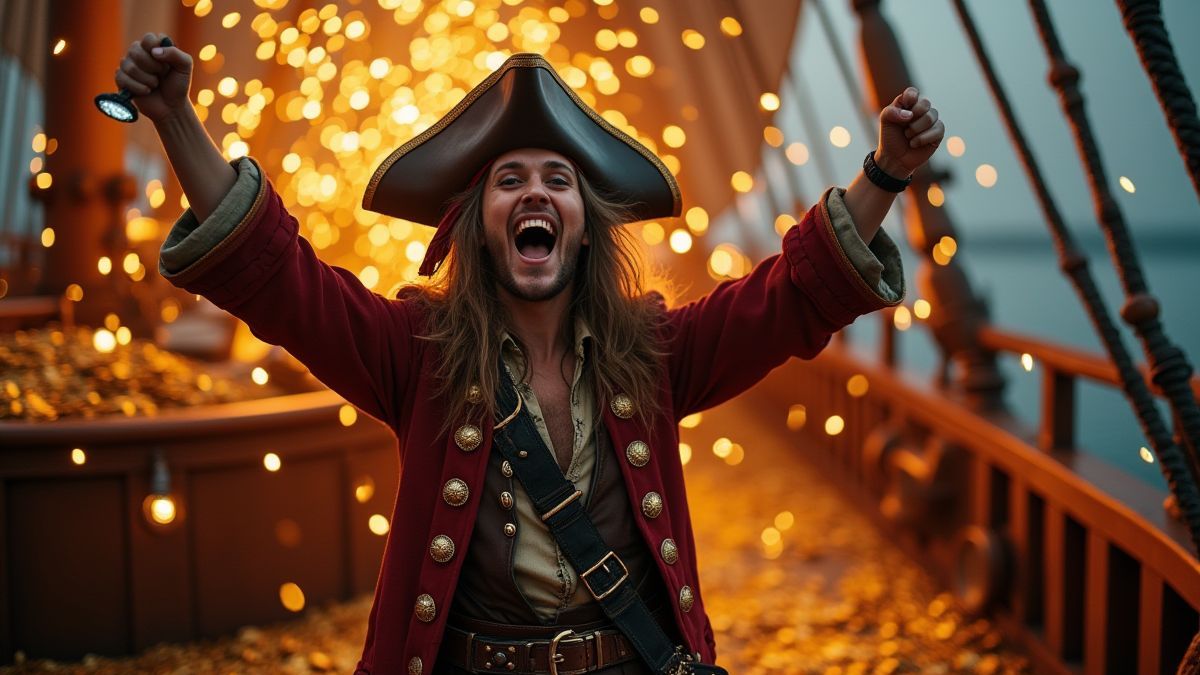 Ein Pirat, der auf dem Deck eines Schiffes feiert, umgeben von Goldmünzen und glitzernden Effekten.
