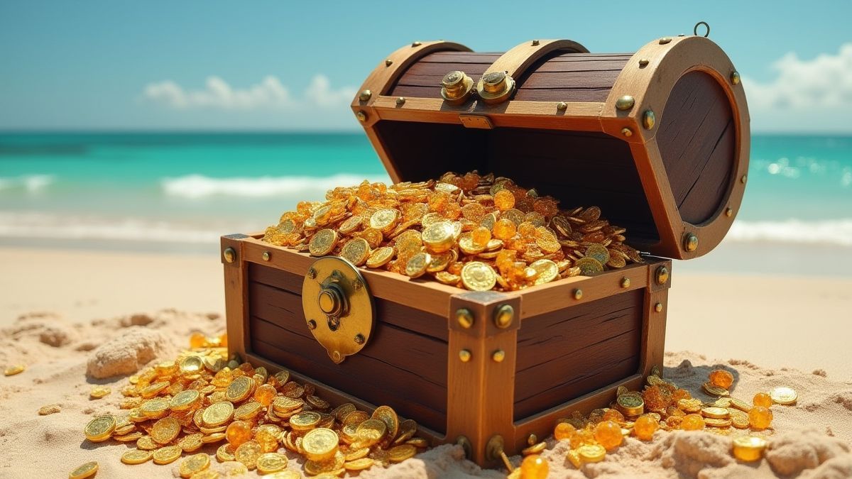 Eine Schatzkiste, die überquillt von Goldmünzen und Juwelen an einem Sandstrand.