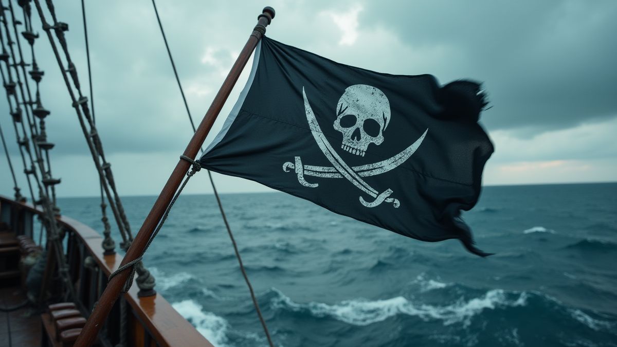 Bandera pirata ondeando en un barco con un mar tormentoso de fondo.