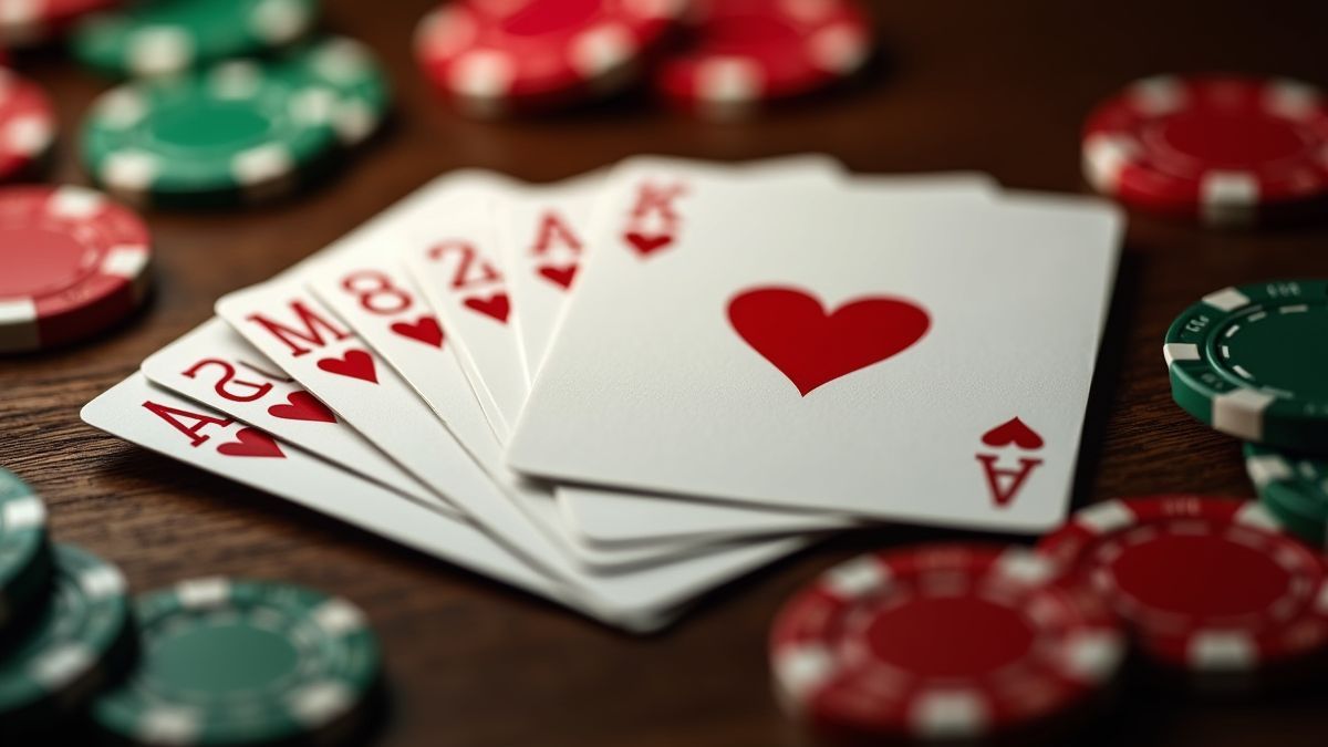 Baraja de cartas con fichas de casino en una mesa de madera.