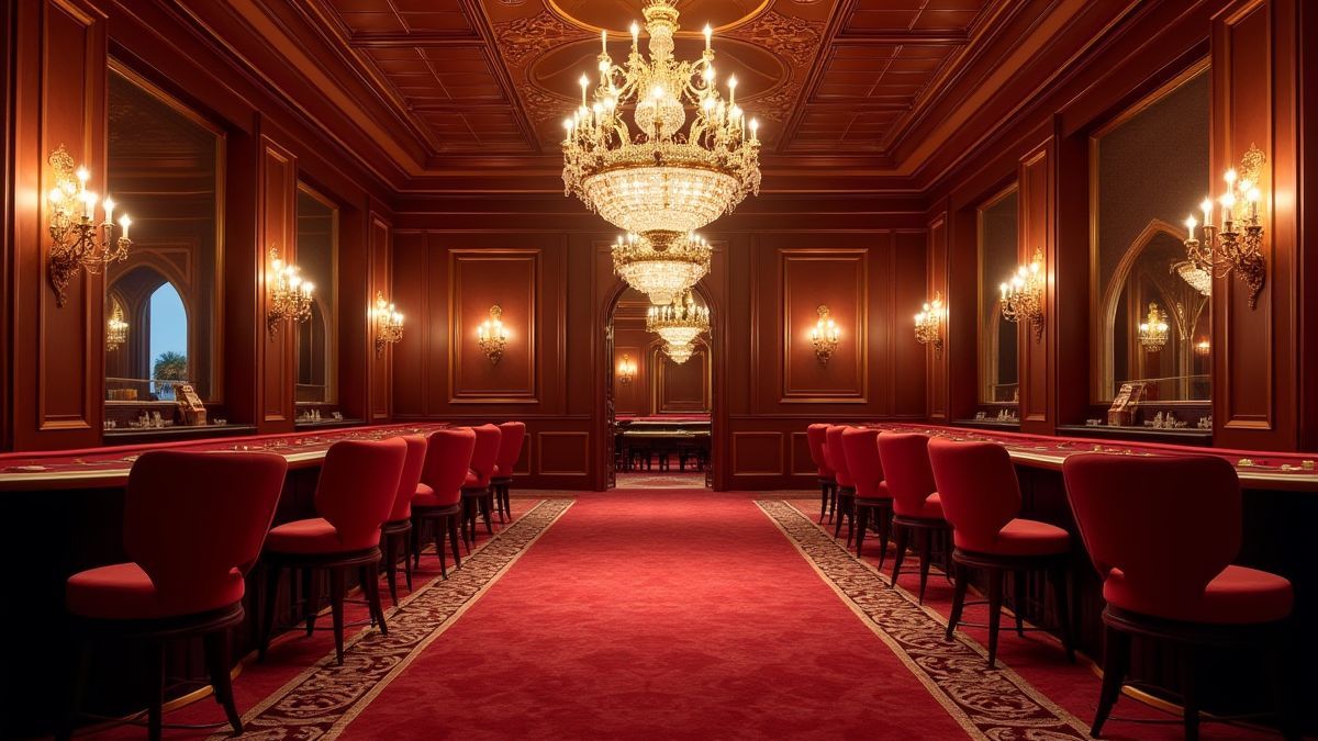 Interior de casino lujoso con candelabros y sillas de terciopelo.