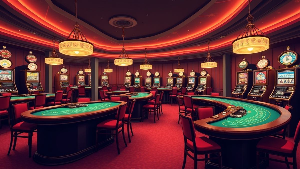 Casino retro con mesas de blackjack y máquinas tragamonedas clásicas.