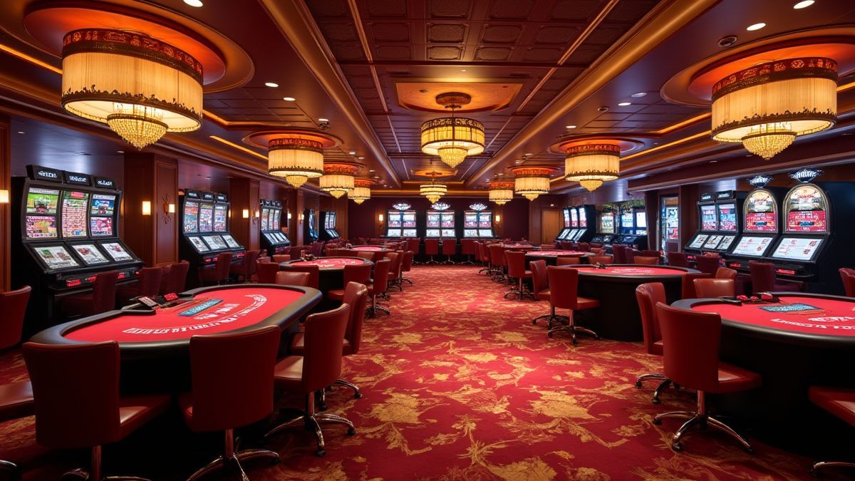 Sala de casino con decoración lujosa y mesas de blackjack.