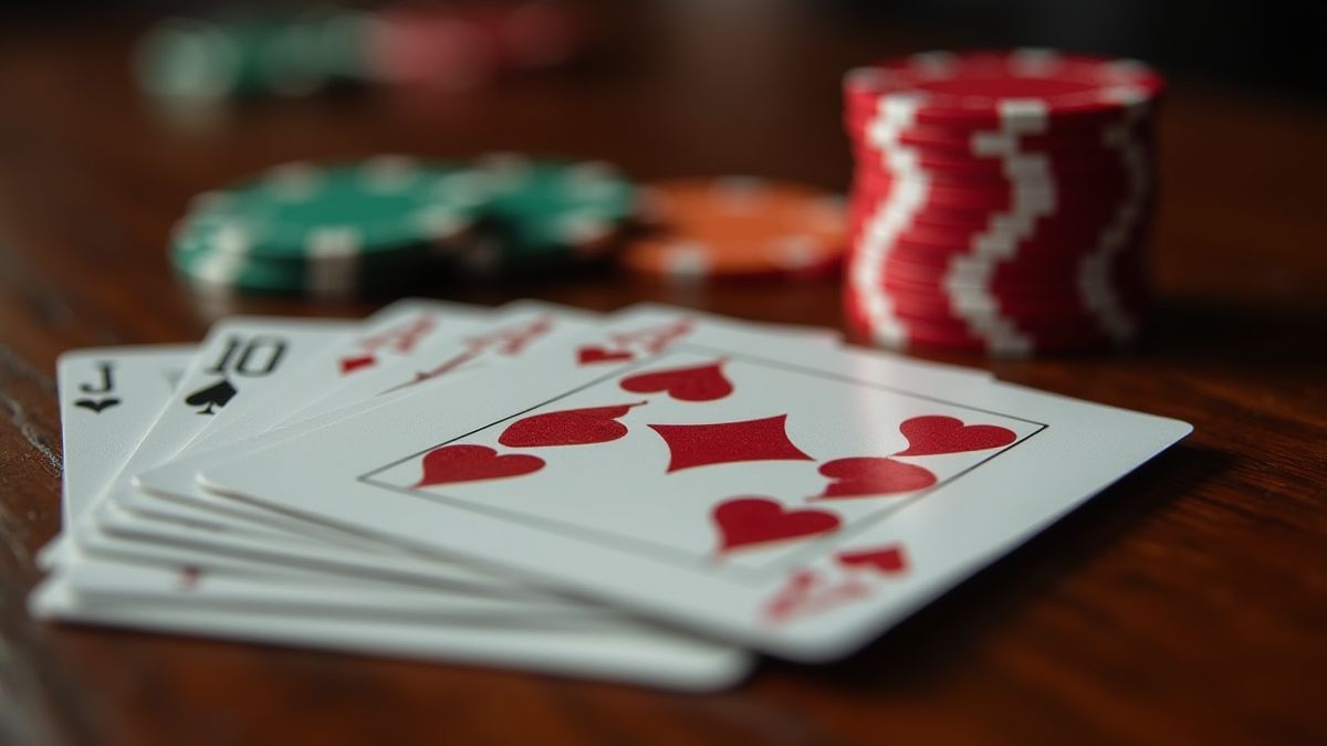 Blackjack cards and chips on an elegant casino table.