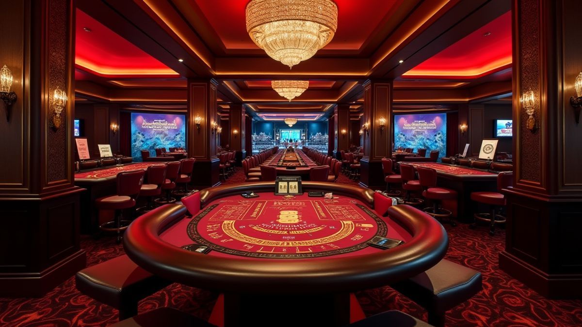Elegant casino ambiance with dim lighting and blackjack table.