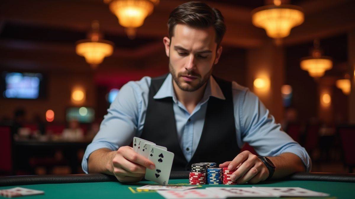 Player in a casino analyzing cards and placing chips.