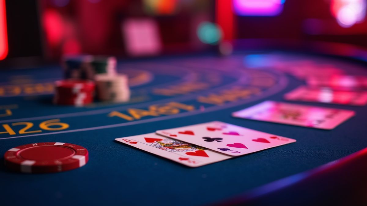 Glamouröser Blackjack-Tisch mit Karten und Chips unter lebhaften Lichtern