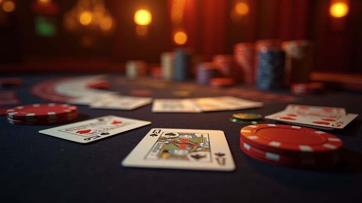Casino table with blackjack cards and chips under warm lighting.