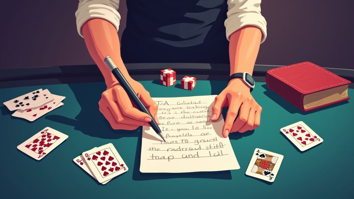 Player studying blackjack strategies with notes and cards on the table.