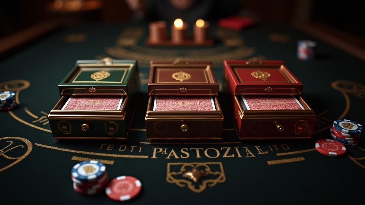 Mesa elegante de blackjack con tres cajas de cartas
