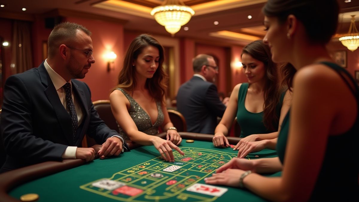 Gente jugando blackjack en un casino lujoso