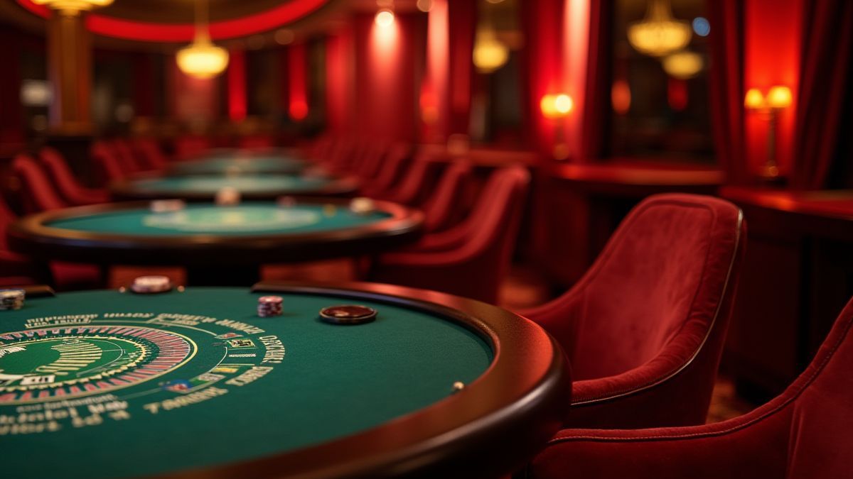 Interior de un casino lujoso con sillas de terciopelo y una mesa de blackjack.