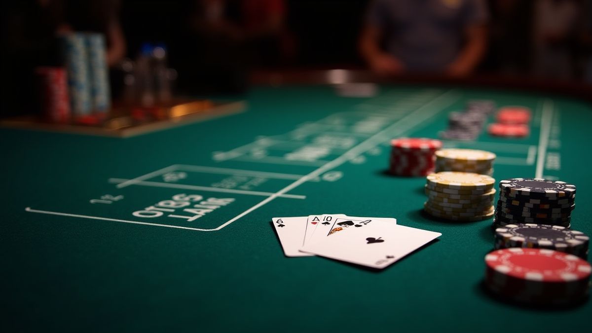 Mesa de casino moderna con fichas y cartas.