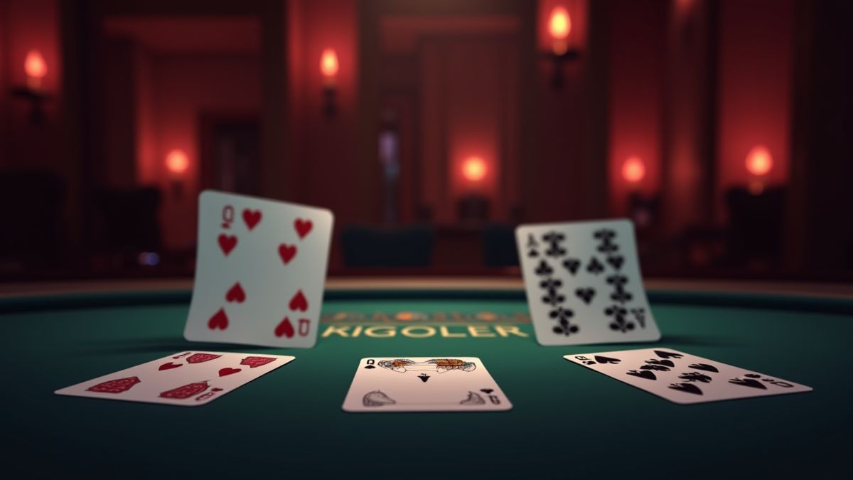 Três mãos de blackjack em uma mesa de casino sob iluminação ambiental