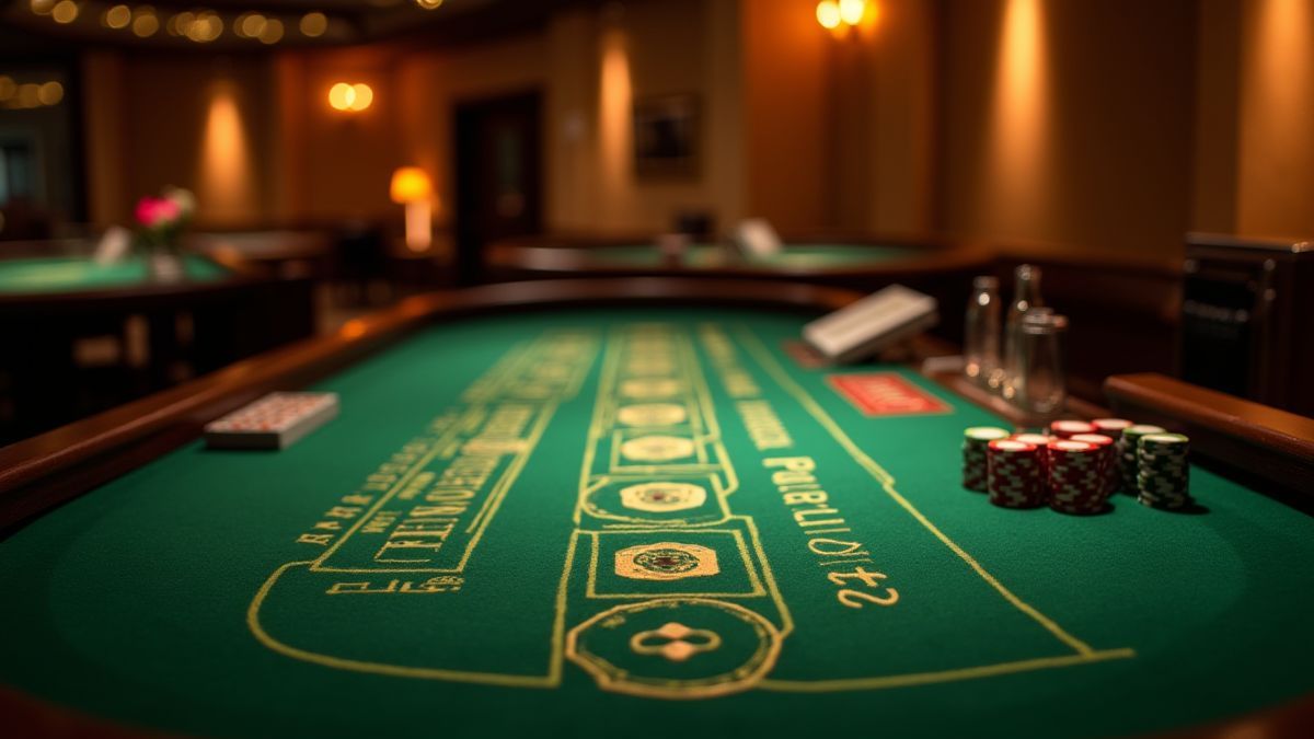 Mesa de blackjack com pano verde e detalhes dourados sob iluminação quente