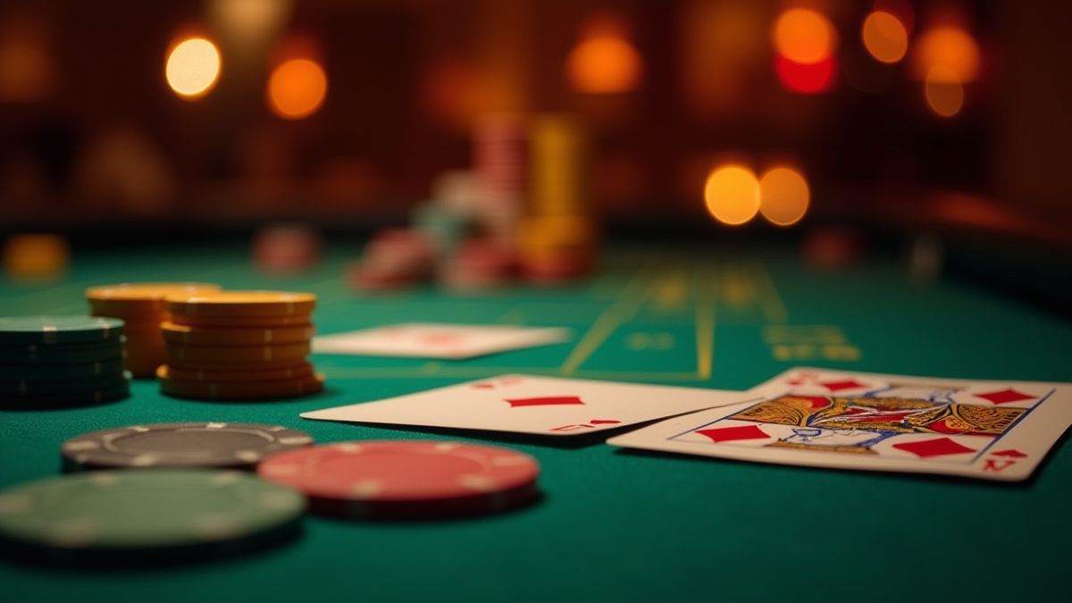 Casino-Tisch mit Chips und Karten unter warmer Beleuchtung.