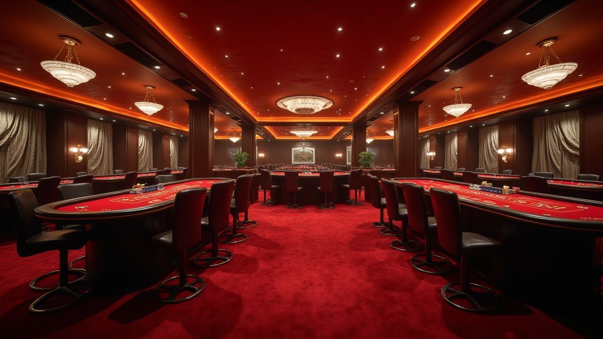 Luxuriöses Casino-Interieur mit sanfter Beleuchtung und polierten Tischen.