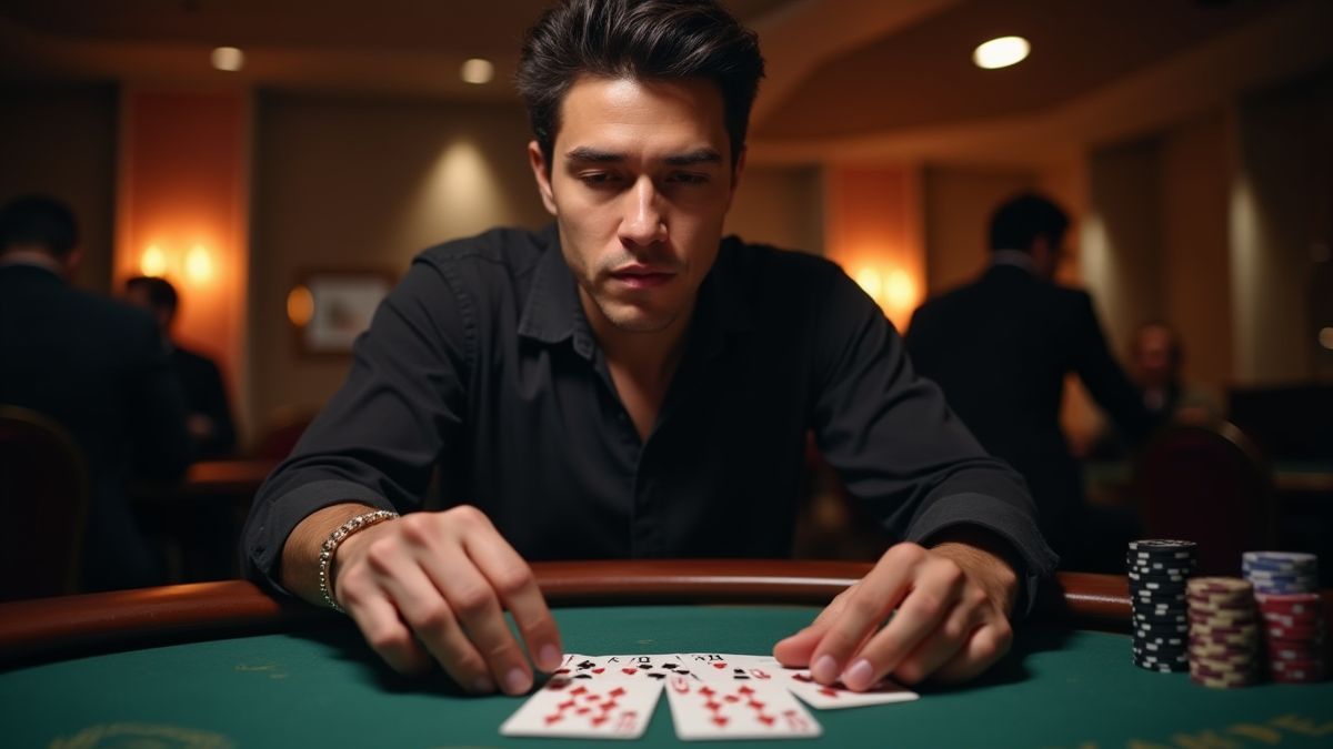 Spieler, der konzentriert Karten an einem Blackjack-Tisch zählt.