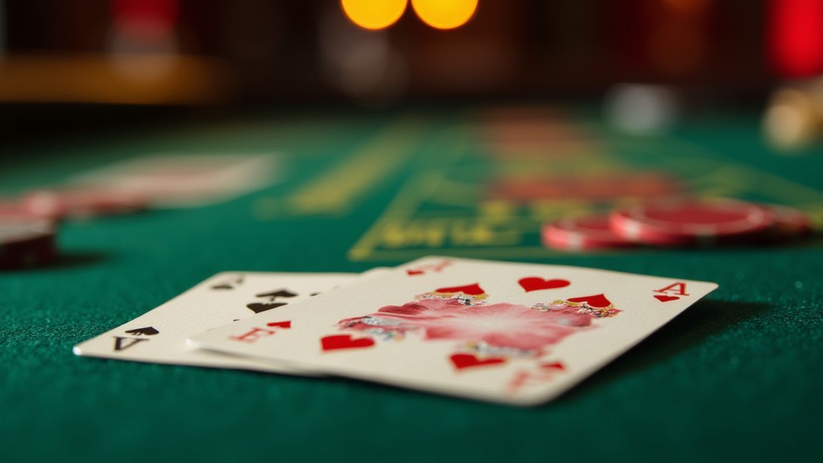 Cartas y fichas sobre una mesa de casino verde.