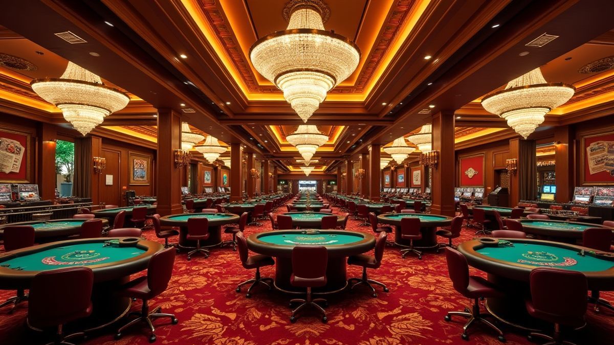 Interior de un casino lujoso con mesas de juego.