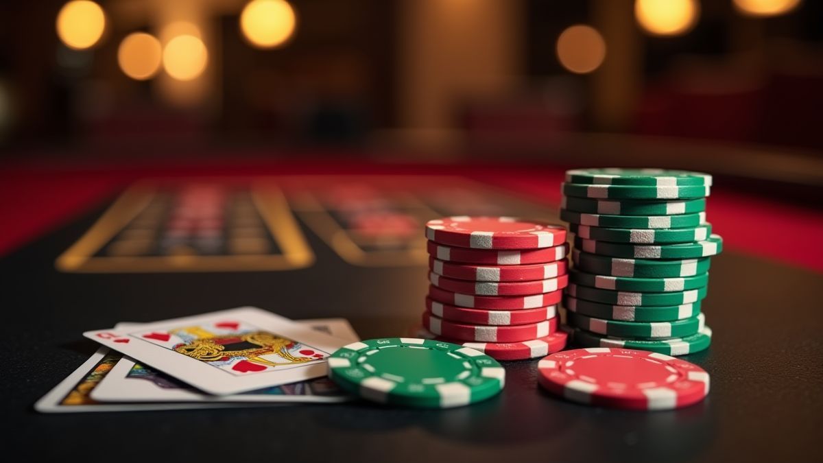 Fichas de póker y cartas en un entorno de casino elegante.