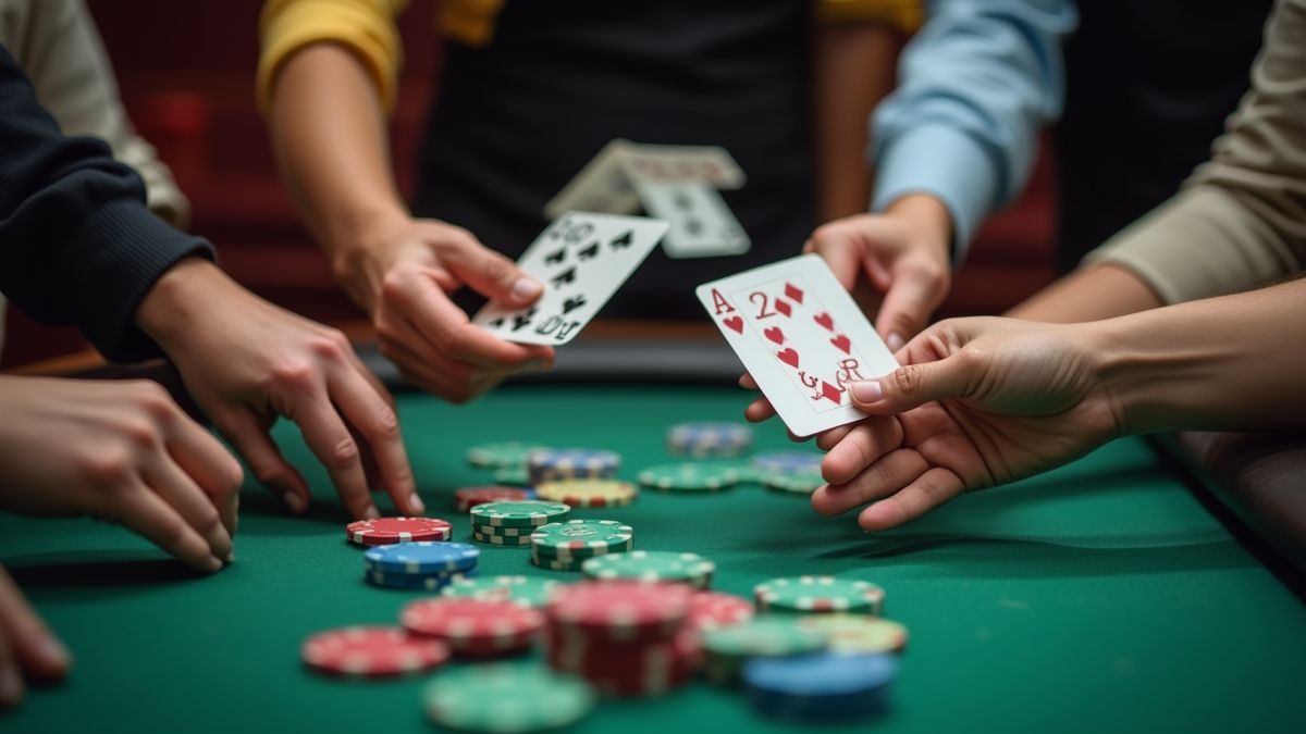 Casino Tisch mit Chips und Karten aus verschiedenen Händen.