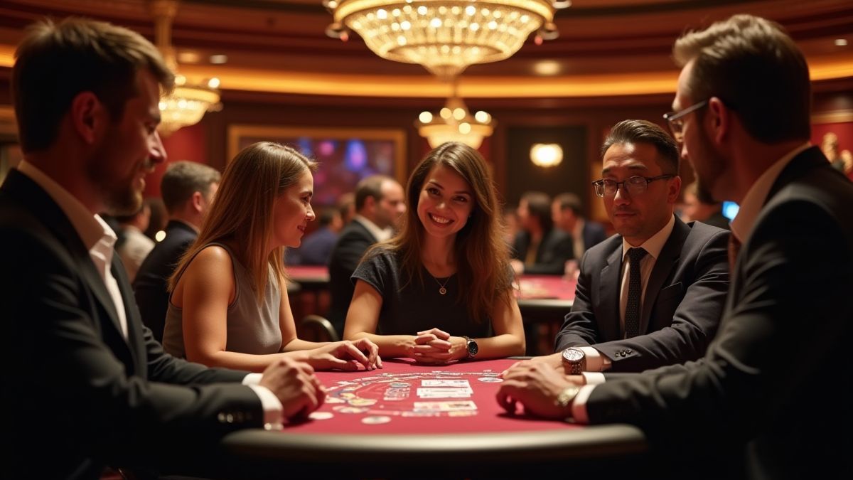 Spieler genießen ein Kartenspiel in einem luxuriösen Casino.