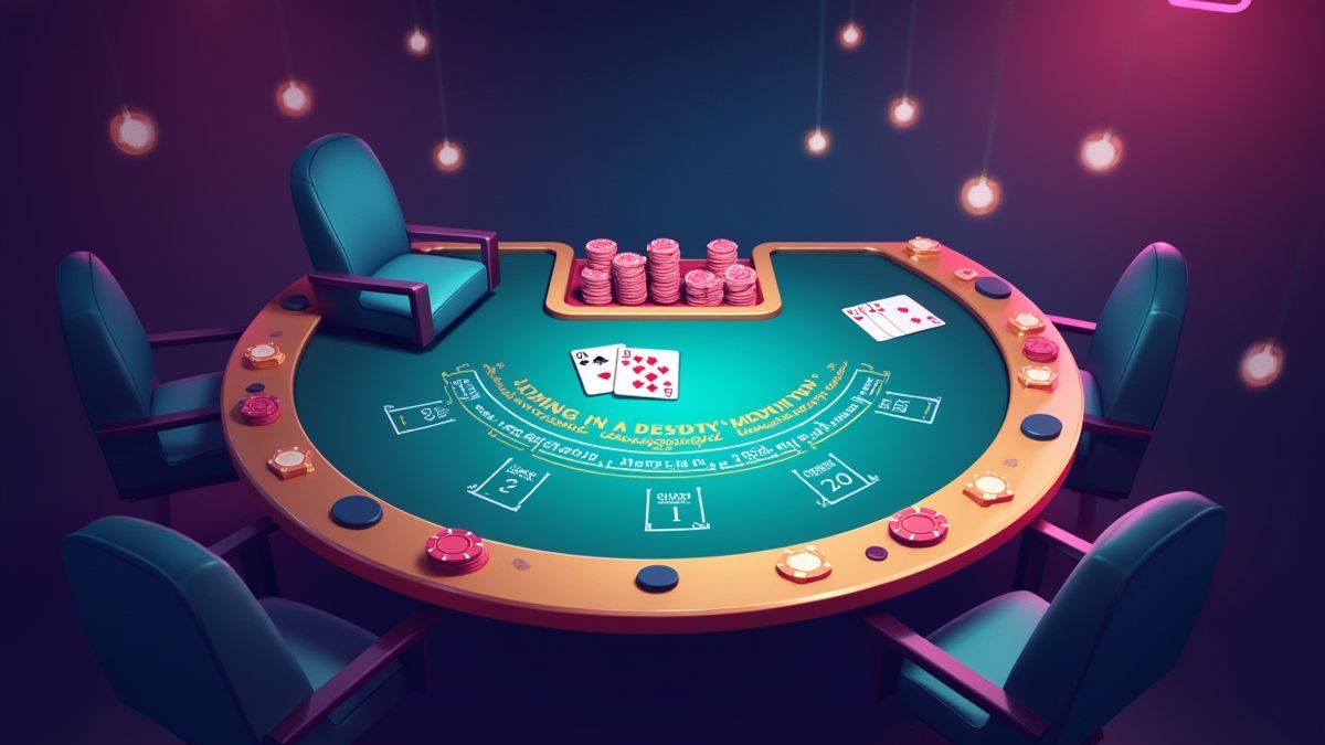Mesa de blackjack com cartas e fichas em cores vivas.