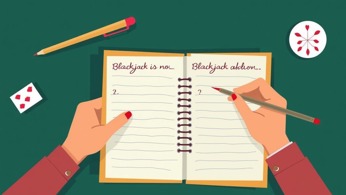 Jogador calculando probabilidades de blackjack com uma livreta e cartas.