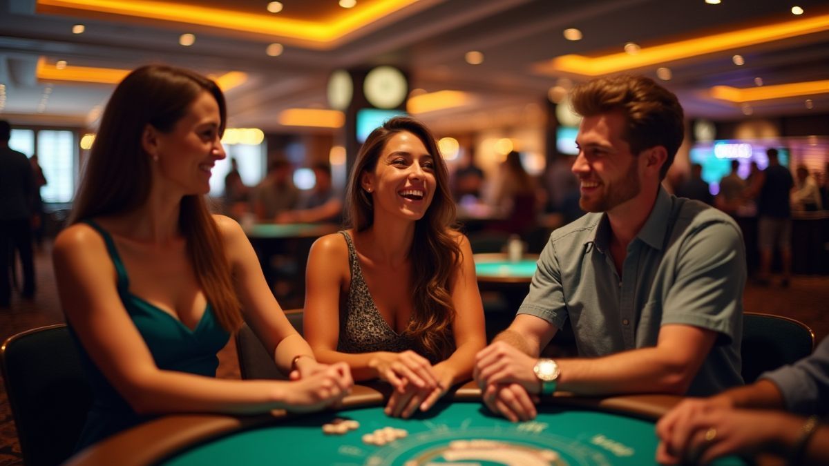 Jogadores felizes desfrutando do blackjack em um cassino.