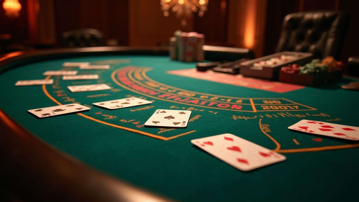 Table de casino avec cartes de blackjack et jetons.