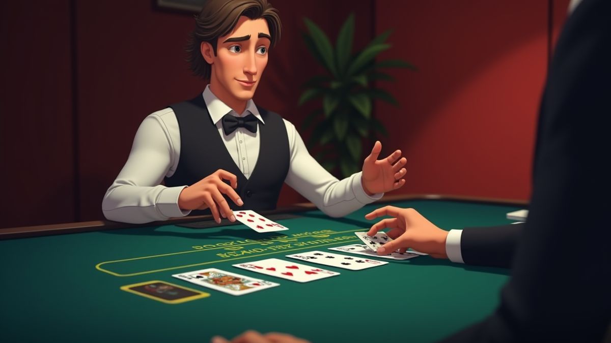 Joueur analysant deux mains de blackjack sur une table de casino.