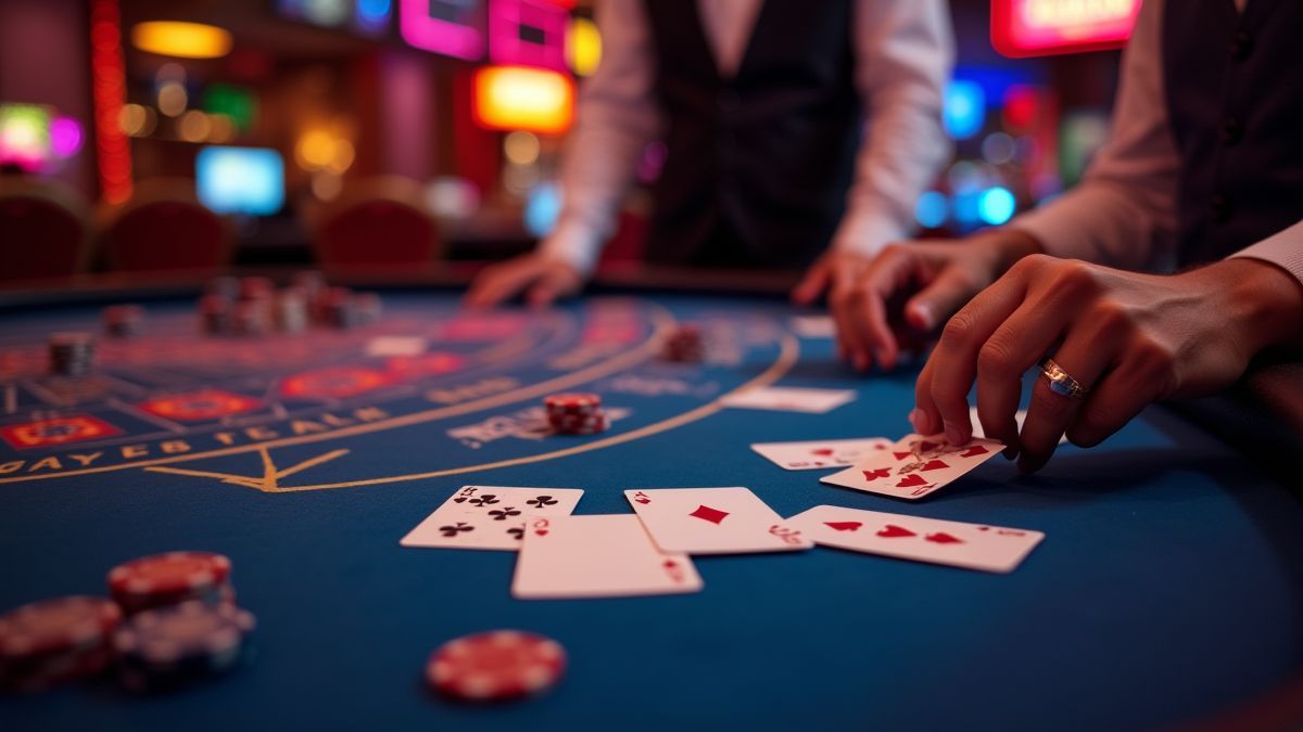 Blackjack table with cards, chips, and dealer's hands.