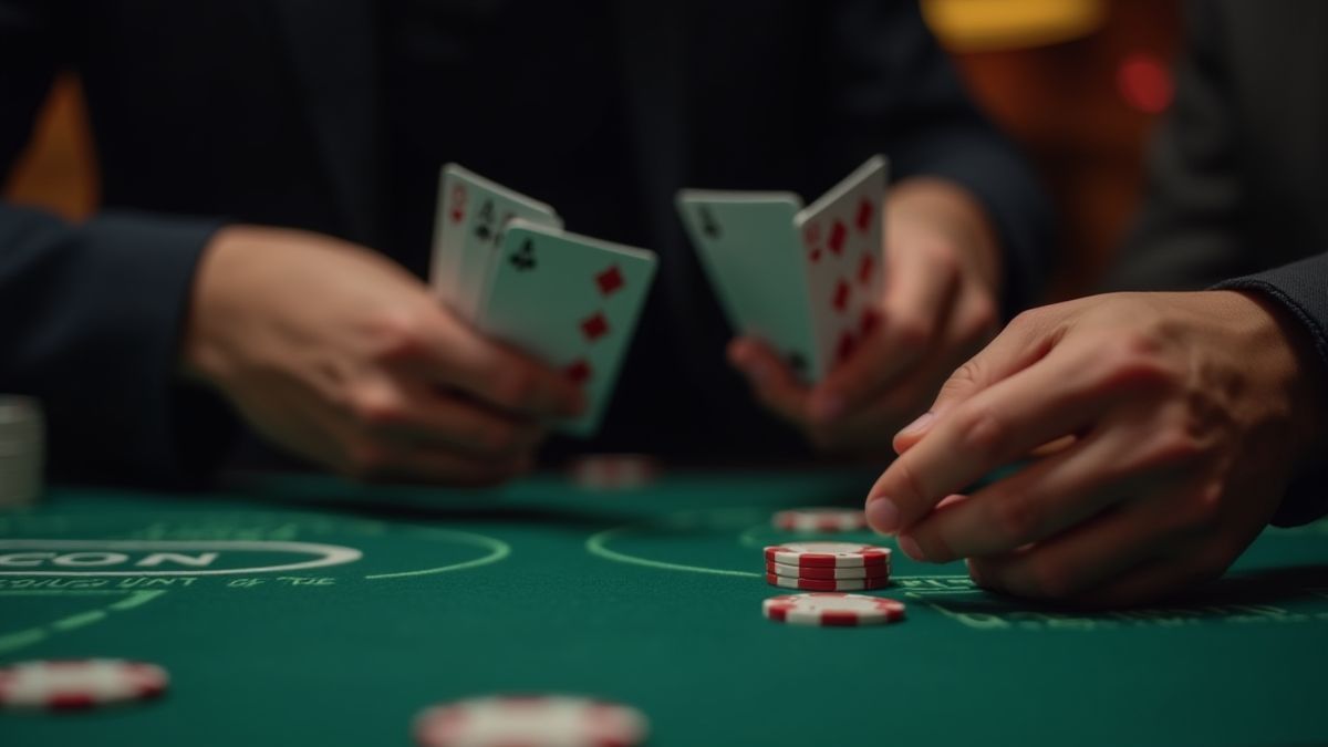 Casino player holding cards while making a decision.