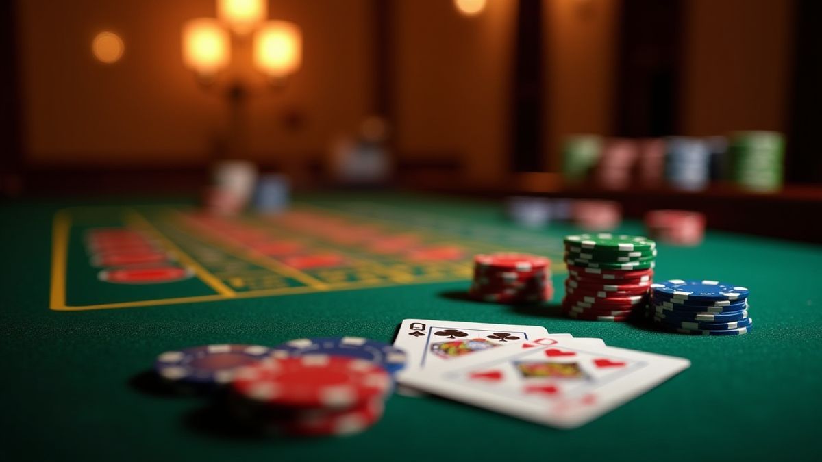 Elegant casino table with chips and cards under sophisticated lighting.