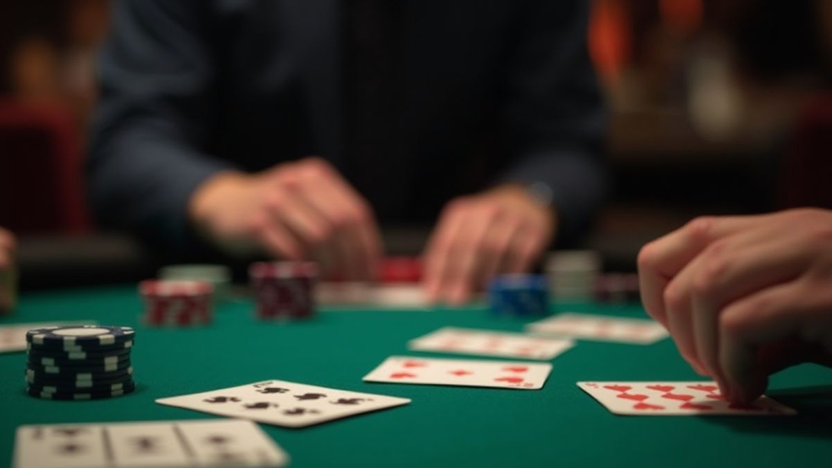 Blackjack player planning their strategy with chips and cards.