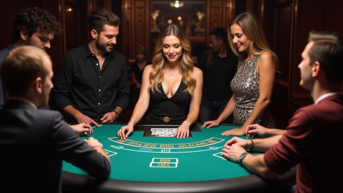 Mesa de blackjack moderna con jugadores y crupier