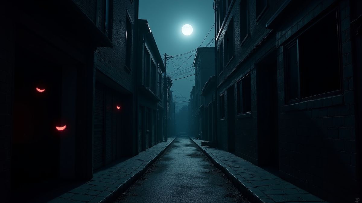 Een donkere stedelijke steeg met glinsterende vampierogen in de schaduw en een volle maan aan de lucht.