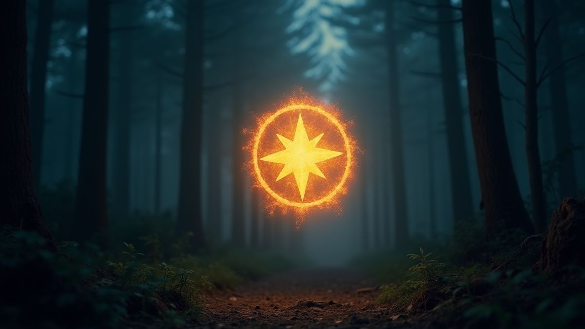 Een glinsterend scatter-symbool dat zweeft in een donkere, mysterieuze bos.