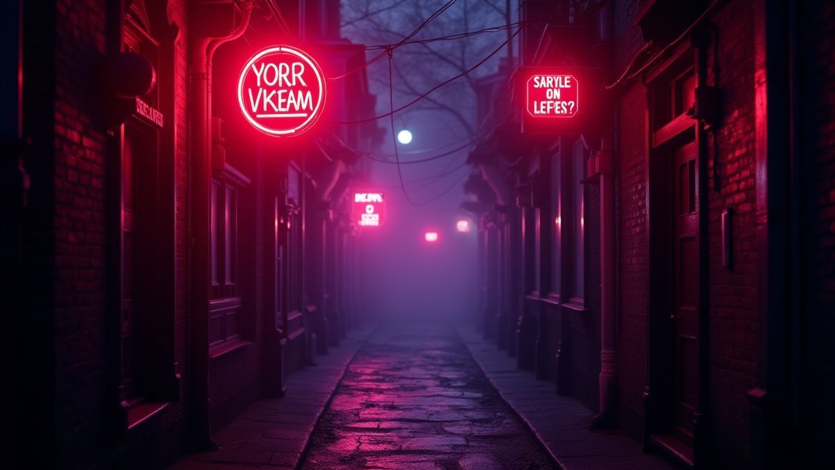 Gothische steeg met neonlichten in rood en paars.