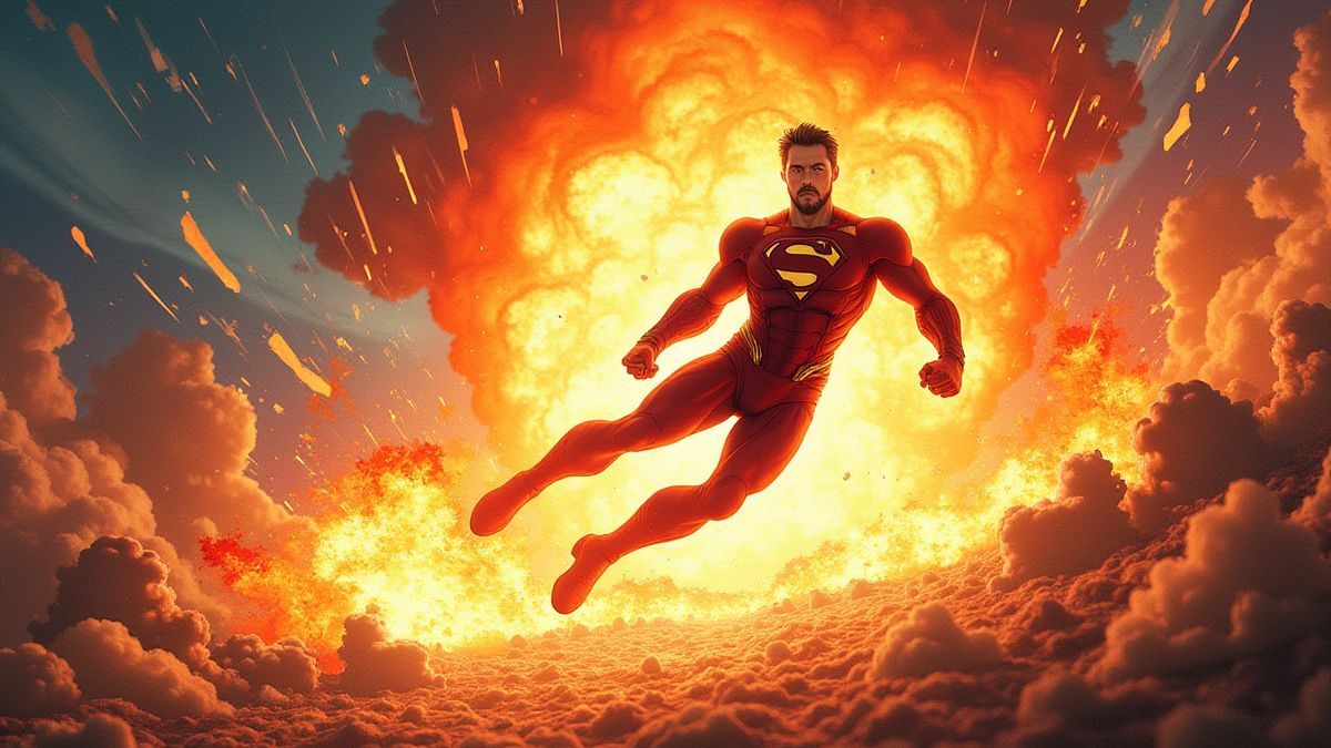 Explosions et super-héros dans un design style comic.