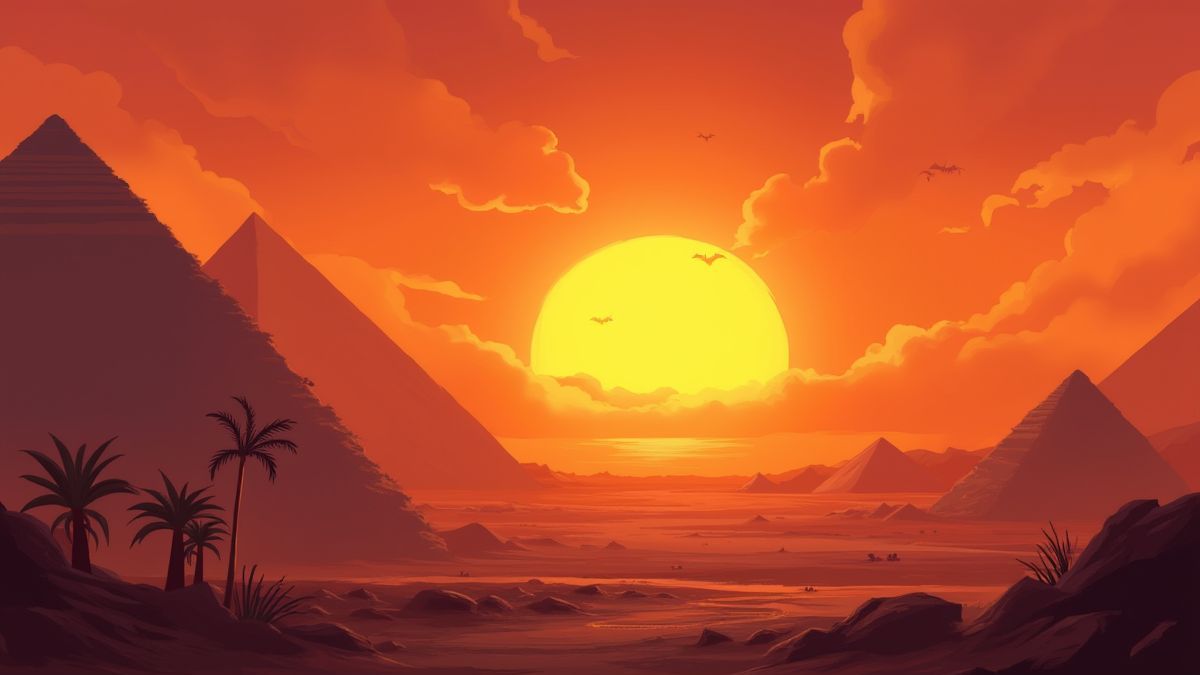 Atardecer egipcio con pirámides brillantes y un bastón dorado.