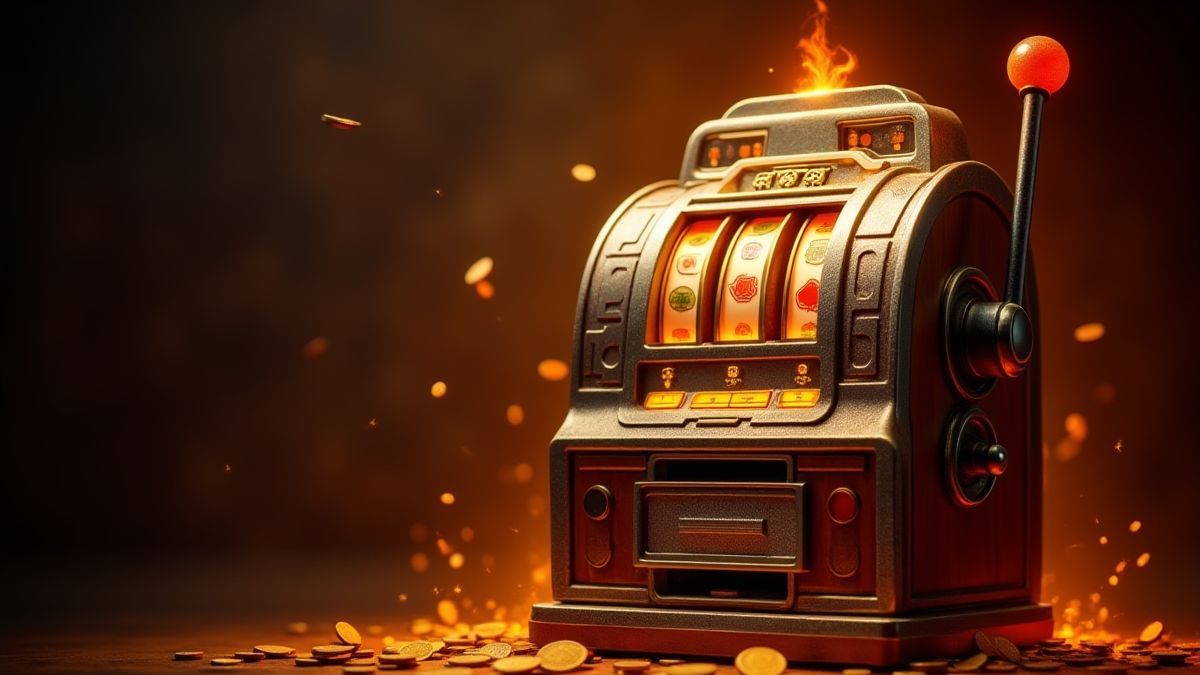 Vintage slot machine with coins dropping and fiery effects.
