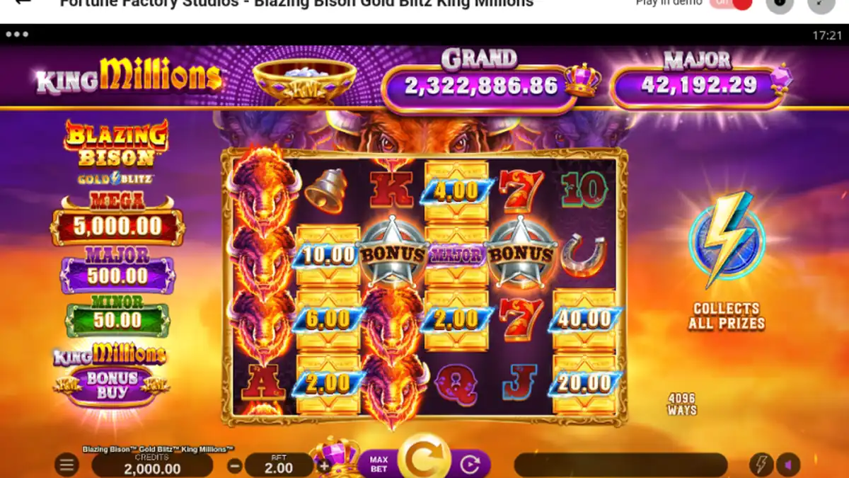 Pantalla del juego base de la tragaperras Blazing Bison Gold Blitz King Millions