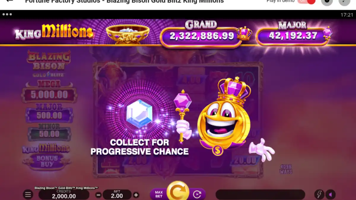 Diapositiva de introducción de la tragaperras Blazing Bison Gold Blitz King Millions