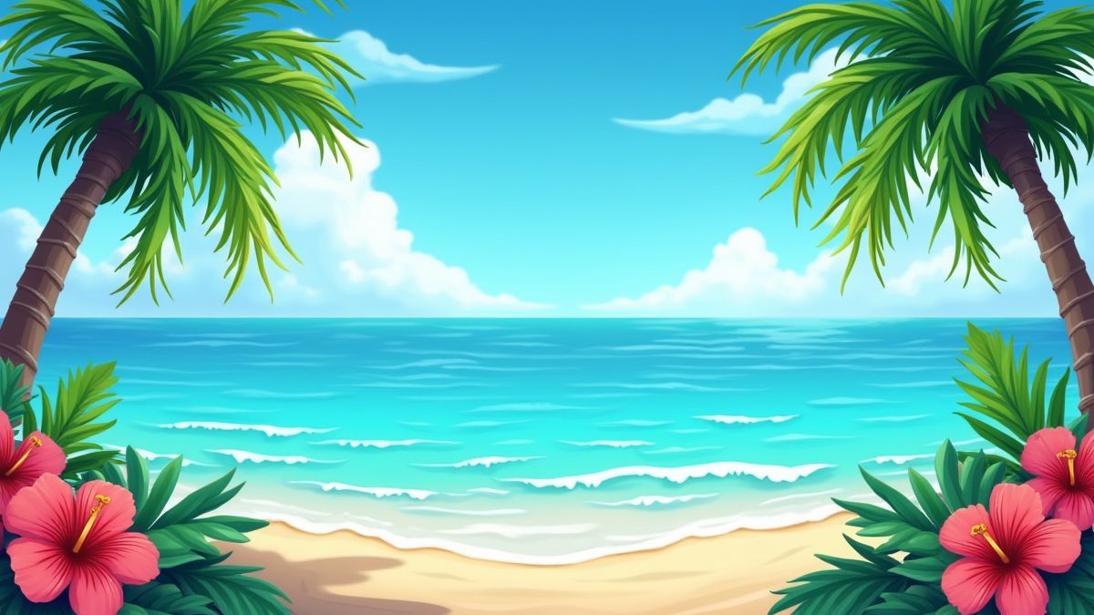 Plage tropicale avec palmiers et fleurs exotiques en style animé.
