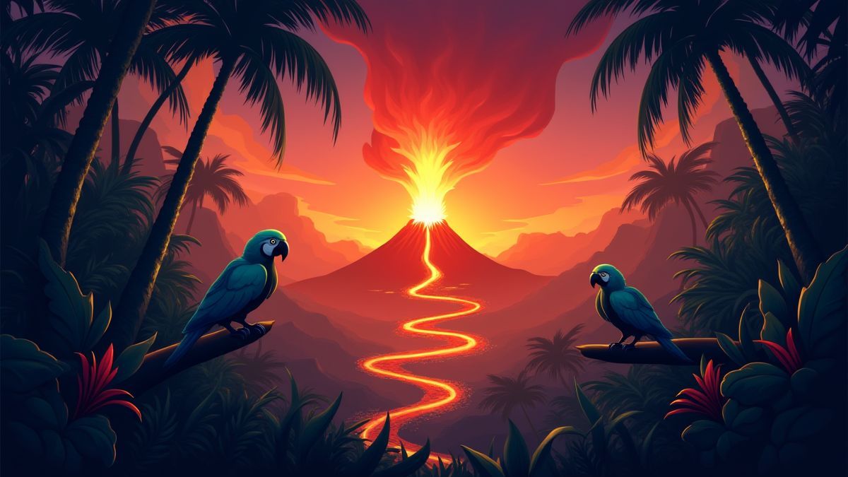 Un volcan resplendissant dans une jungle tropicale avec des perroquets et des plantes exotiques.