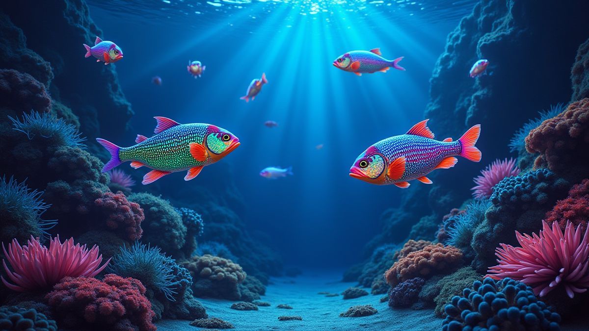Scène sous-marine colorée avec des piranhas brillantes et des récifs de corail.