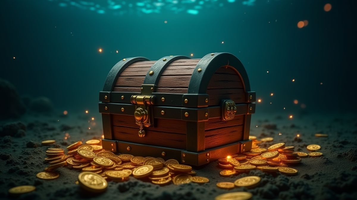 Coffre au trésor entouré de pièces brillantes au fond de la mer.